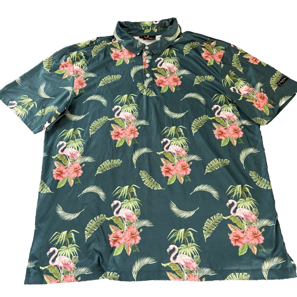 Yatta Men’s XL Flamingo Tropical Hibiscus Short Sleeve Performance Golf Shirt